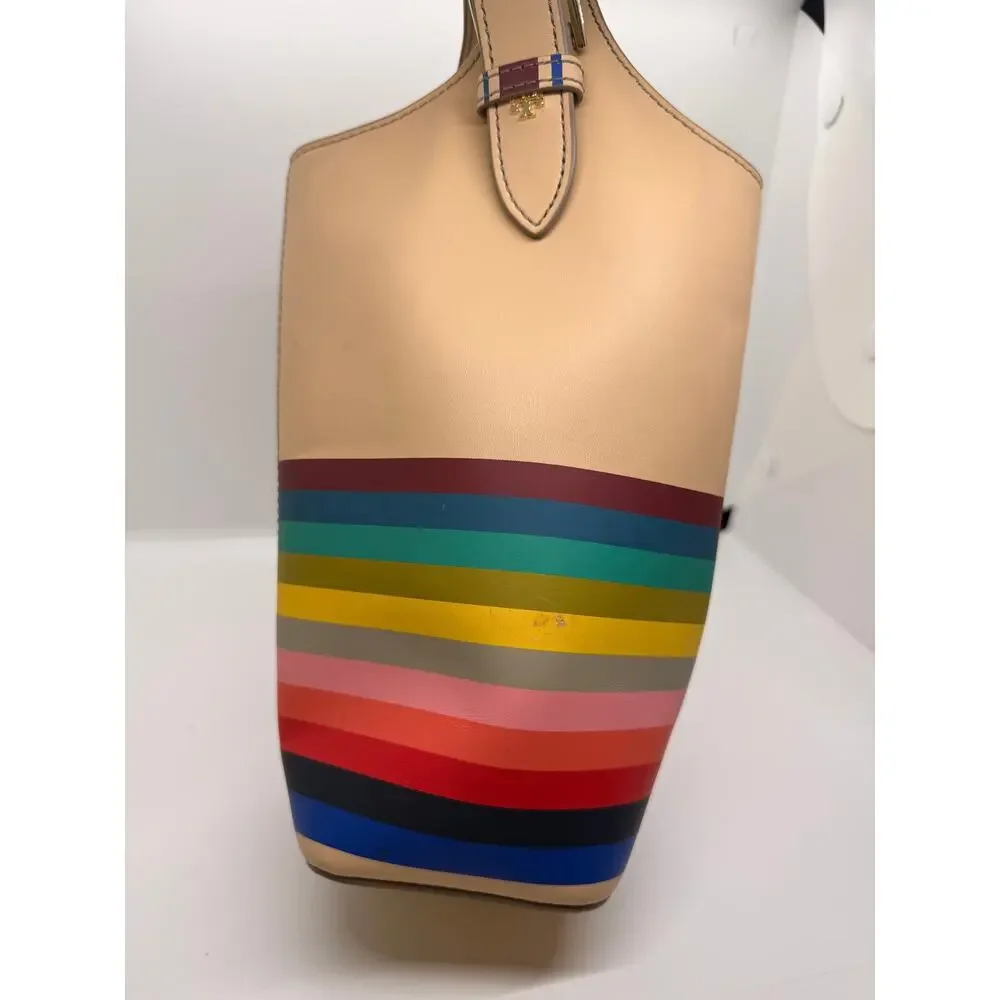 Tory Burch Striped Leather Wine/Water Bottle Tote Bucket Bag